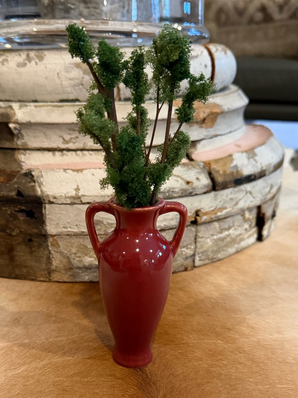 Vintage Ceramic Two-Handle Vase in Deep Rose with Faux Greenery Branches